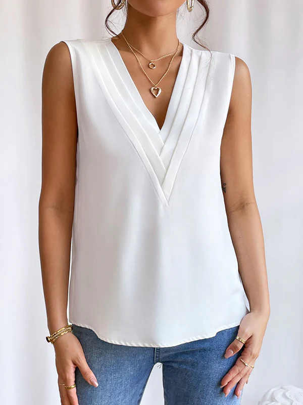 Loose Sleeveless Layered Solid Color V-Neck Vest Top - Image 9