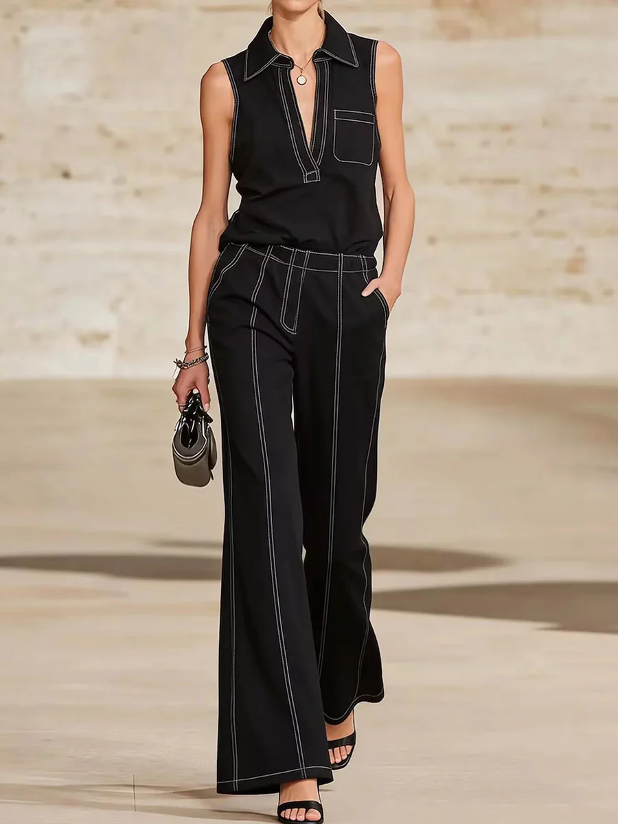 Loose Sleeveless Line Solid Color Lapel Vest Top - Image 2