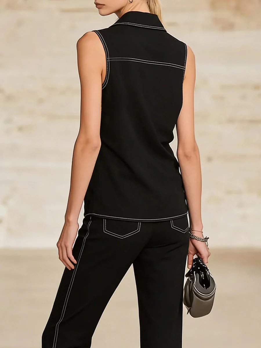 Loose Sleeveless Line Solid Color Lapel Vest Top - Image 3