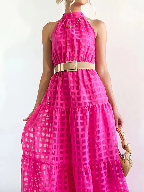 Loose Sleeveless Plaid Ribbed Stand Collar Maxi Dresses - Image 10