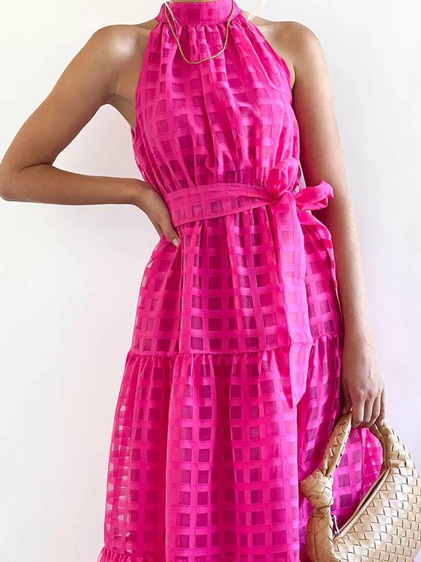 Loose Sleeveless Plaid Ribbed Stand Collar Maxi Dresses - Image 11