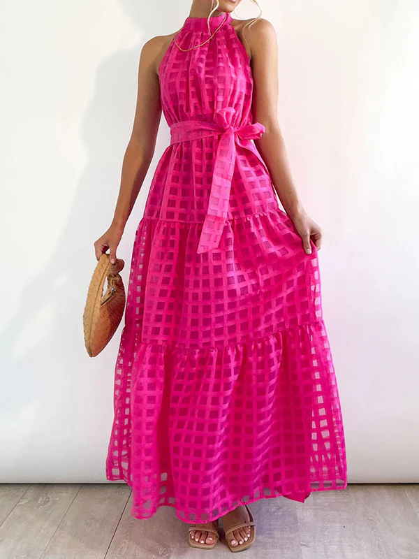 Loose Sleeveless Plaid Ribbed Stand Collar Maxi Dresses - Image 12