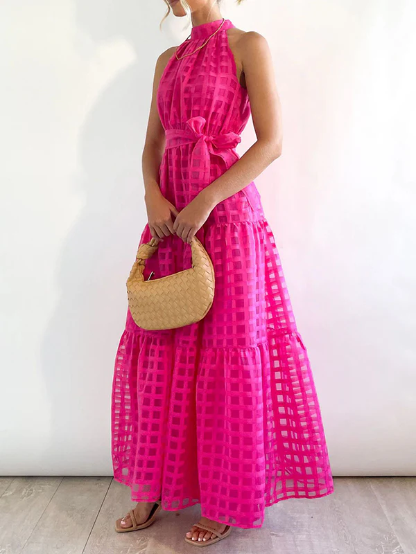 Loose Sleeveless Plaid Ribbed Stand Collar Maxi Dresses - Image 13
