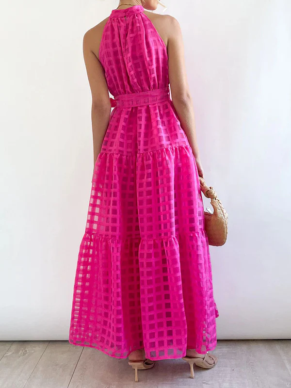 Loose Sleeveless Plaid Ribbed Stand Collar Maxi Dresses - Image 14