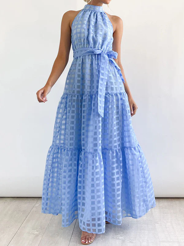 Loose Sleeveless Plaid Ribbed Stand Collar Maxi Dresses - Image 15