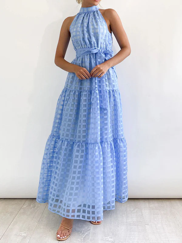 Loose Sleeveless Plaid Ribbed Stand Collar Maxi Dresses - Image 16