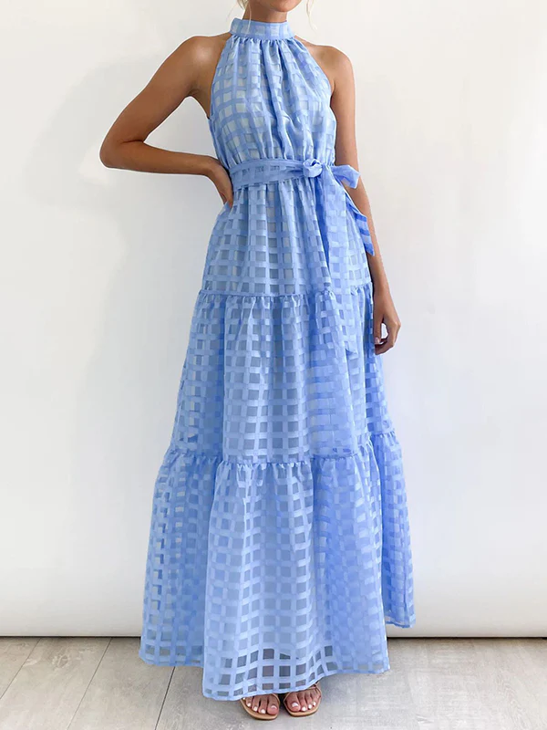 Loose Sleeveless Plaid Ribbed Stand Collar Maxi Dresses - Image 17
