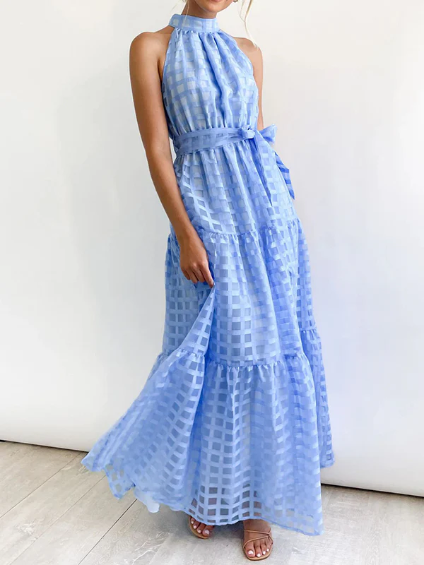 Loose Sleeveless Plaid Ribbed Stand Collar Maxi Dresses - Image 18