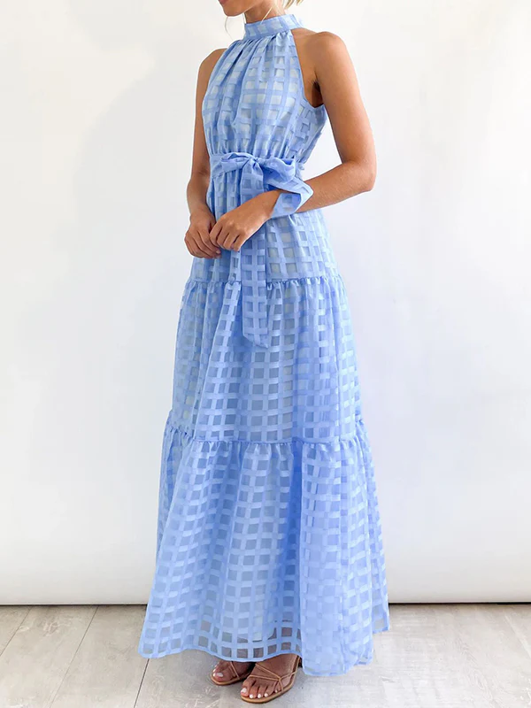 Loose Sleeveless Plaid Ribbed Stand Collar Maxi Dresses - Image 19