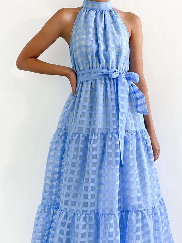 Loose Sleeveless Plaid Ribbed Stand Collar Maxi Dresses - Image 20