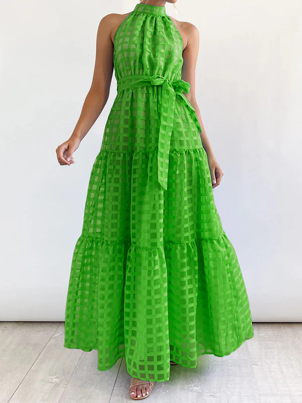 Loose Sleeveless Plaid Ribbed Stand Collar Maxi Dresses - Image 21