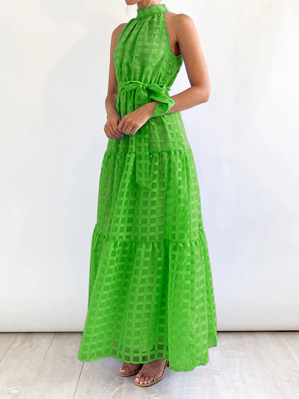 Loose Sleeveless Plaid Ribbed Stand Collar Maxi Dresses - Image 22