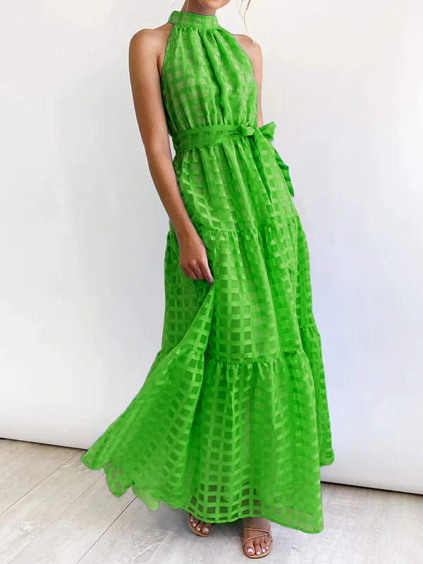 Loose Sleeveless Plaid Ribbed Stand Collar Maxi Dresses - Image 23