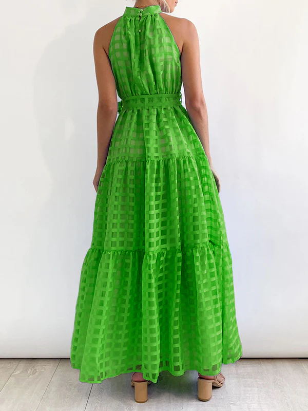 Loose Sleeveless Plaid Ribbed Stand Collar Maxi Dresses - Image 24