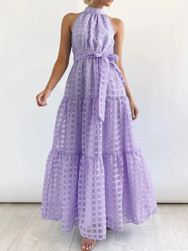 Loose Sleeveless Plaid Ribbed Stand Collar Maxi Dresses - Image 25