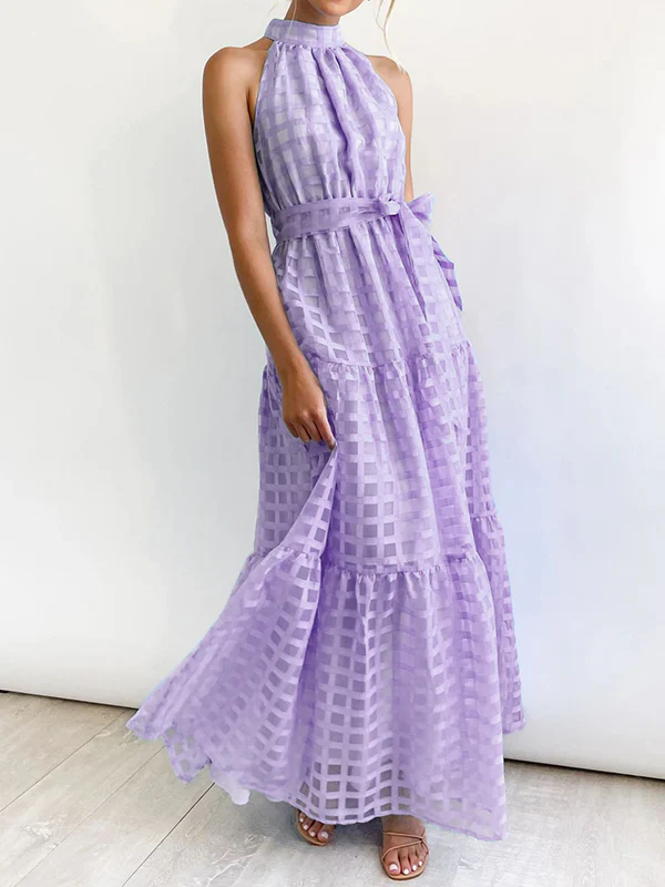 Loose Sleeveless Plaid Ribbed Stand Collar Maxi Dresses - Image 26