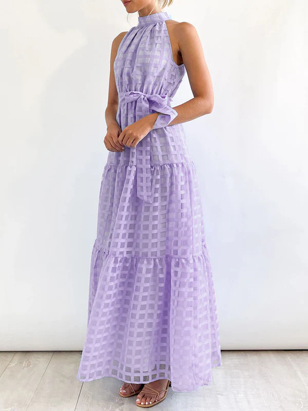 Loose Sleeveless Plaid Ribbed Stand Collar Maxi Dresses - Image 27