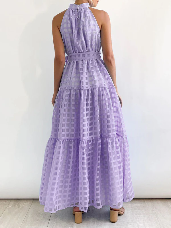 Loose Sleeveless Plaid Ribbed Stand Collar Maxi Dresses - Image 28