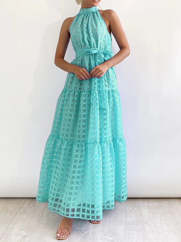Loose Sleeveless Plaid Ribbed Stand Collar Maxi Dresses - Image 29