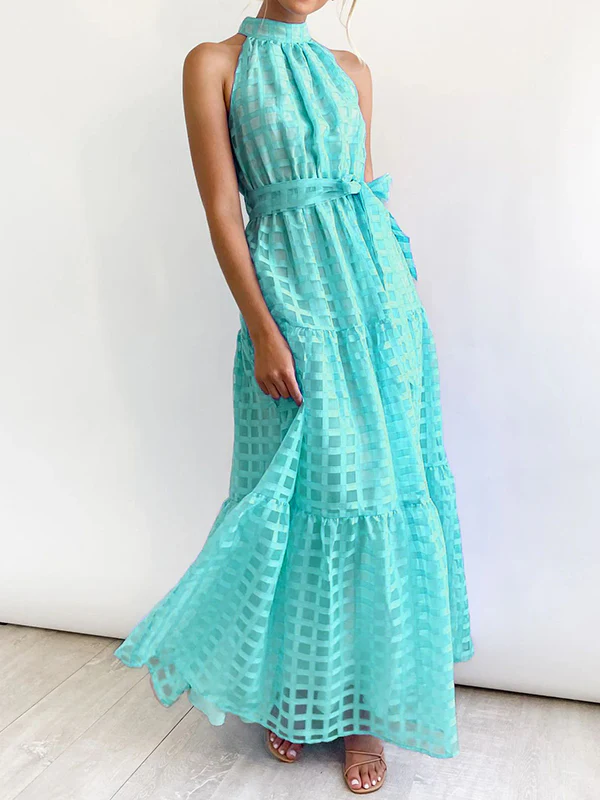 Loose Sleeveless Plaid Ribbed Stand Collar Maxi Dresses - Image 3