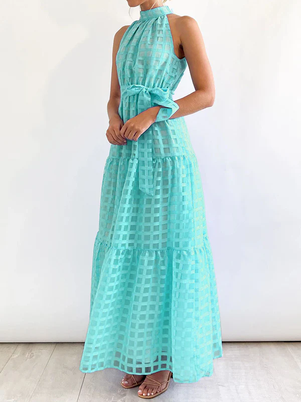 Loose Sleeveless Plaid Ribbed Stand Collar Maxi Dresses - Image 30