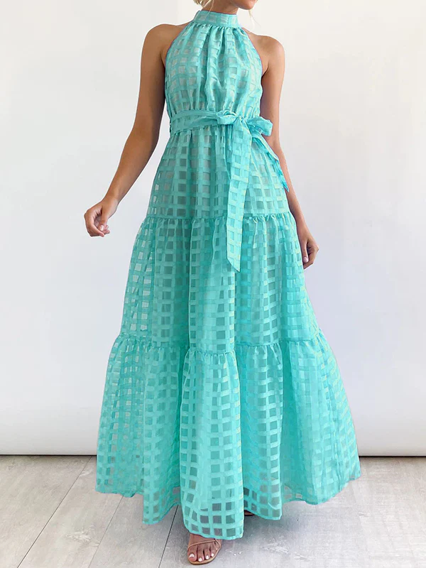 Loose Sleeveless Plaid Ribbed Stand Collar Maxi Dresses - Image 31