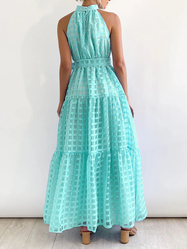 Loose Sleeveless Plaid Ribbed Stand Collar Maxi Dresses - Image 32
