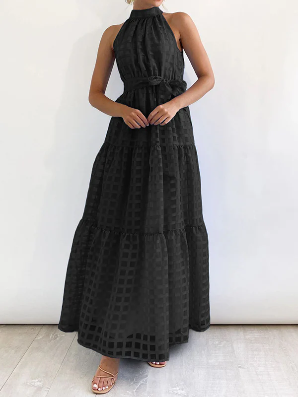Loose Sleeveless Plaid Ribbed Stand Collar Maxi Dresses - Image 33