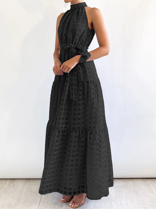 Loose Sleeveless Plaid Ribbed Stand Collar Maxi Dresses - Image 34