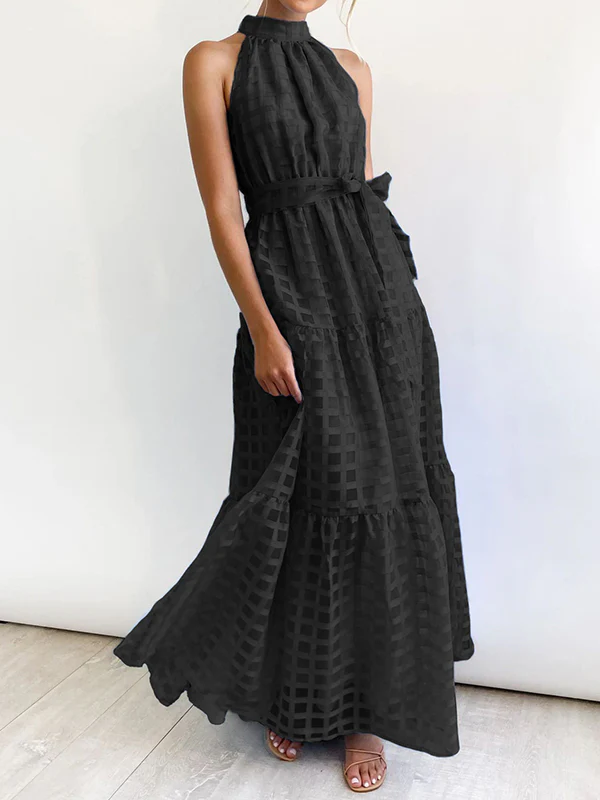 Loose Sleeveless Plaid Ribbed Stand Collar Maxi Dresses - Image 35