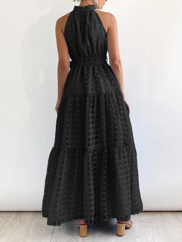 Loose Sleeveless Plaid Ribbed Stand Collar Maxi Dresses - Image 36