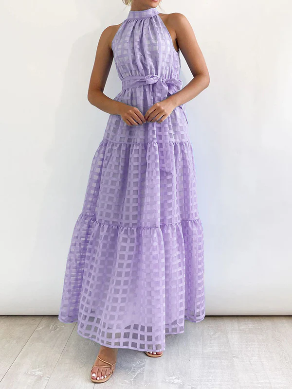 Loose Sleeveless Plaid Ribbed Stand Collar Maxi Dresses - Image 4