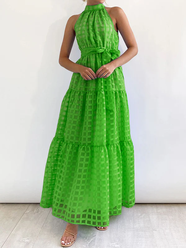 Loose Sleeveless Plaid Ribbed Stand Collar Maxi Dresses - Image 5