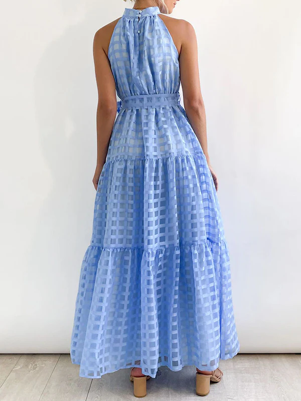 Loose Sleeveless Plaid Ribbed Stand Collar Maxi Dresses - Image 6