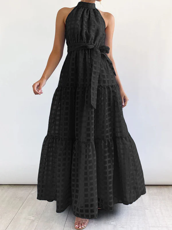 Loose Sleeveless Plaid Ribbed Stand Collar Maxi Dresses - Image 7