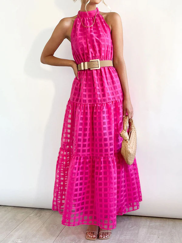 Loose Sleeveless Plaid Ribbed Stand Collar Maxi Dresses - Image 8