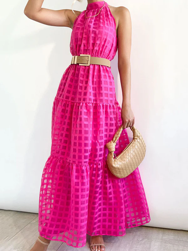 Loose Sleeveless Plaid Ribbed Stand Collar Maxi Dresses - Image 9