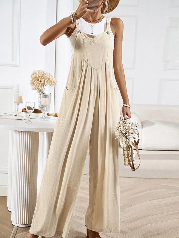 Loose Sleeveless Pleated Pockets Split-Joint Spaghetti-Neck Overalls - Image 11