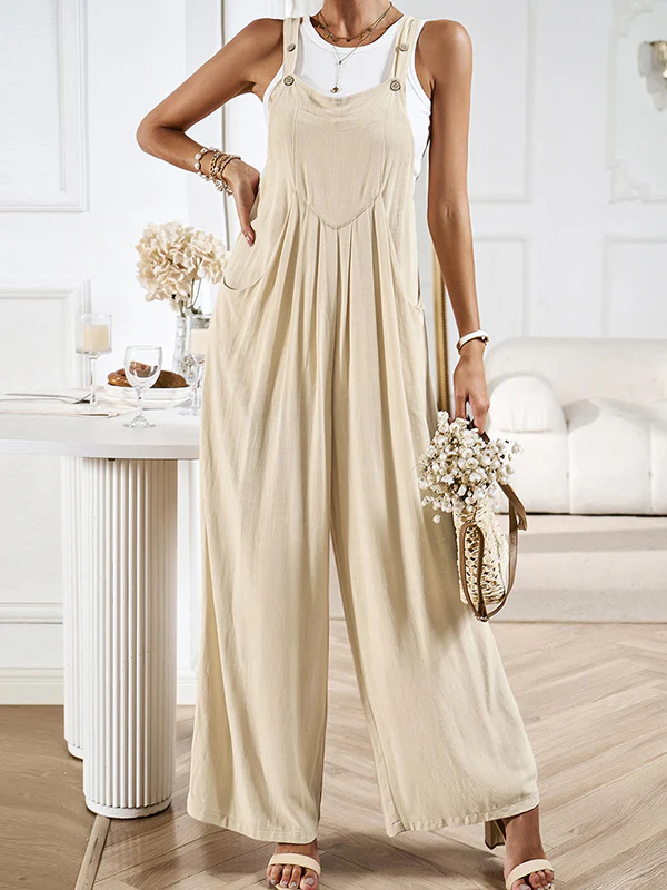 Loose Sleeveless Pleated Pockets Split-Joint Spaghetti-Neck Overalls - Image 12