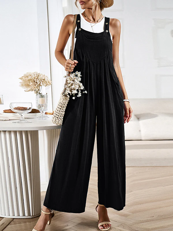 Loose Sleeveless Pleated Pockets Split-Joint Spaghetti-Neck Overalls - Image 16