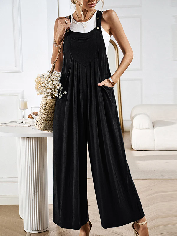 Loose Sleeveless Pleated Pockets Split-Joint Spaghetti-Neck Overalls - Image 17
