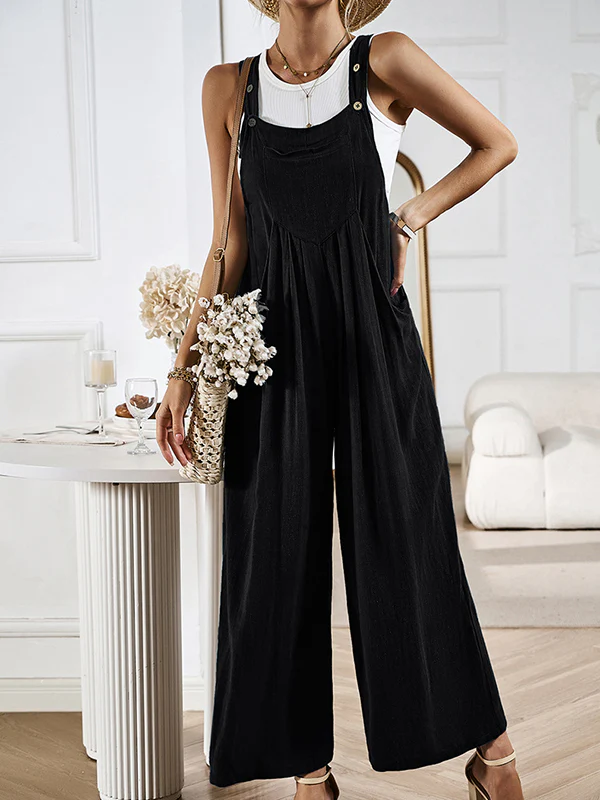 Loose Sleeveless Pleated Pockets Split-Joint Spaghetti-Neck Overalls - Image 18