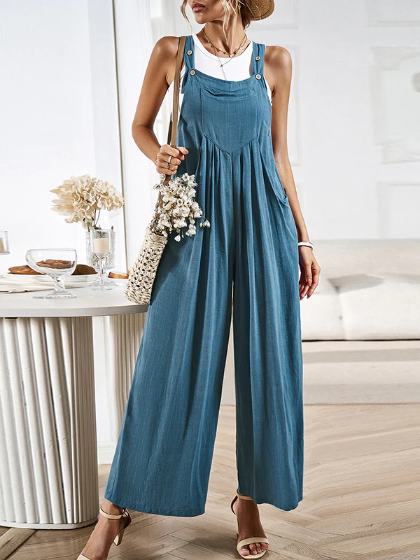 Loose Sleeveless Pleated Pockets Split-Joint Spaghetti-Neck Overalls - Image 2