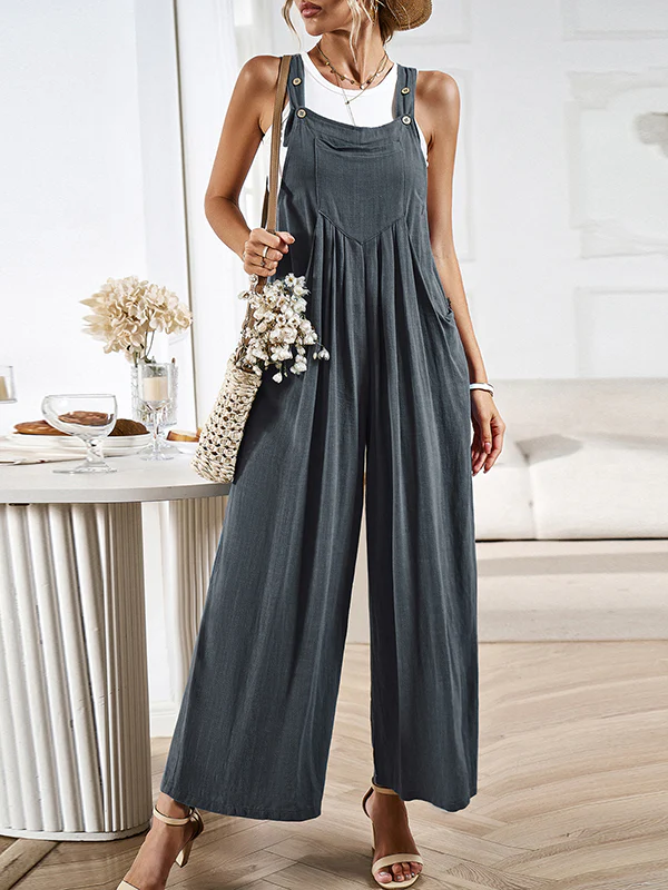 Loose Sleeveless Pleated Pockets Split-Joint Spaghetti-Neck Overalls - Image 21