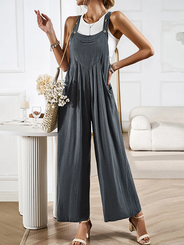 Loose Sleeveless Pleated Pockets Split-Joint Spaghetti-Neck Overalls - Image 22