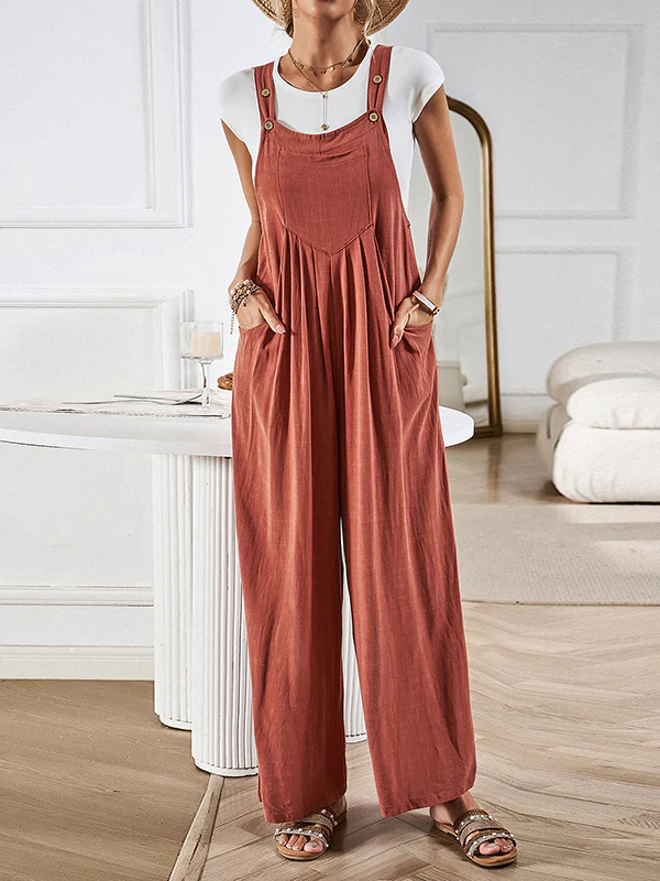 Loose Sleeveless Pleated Pockets Split-Joint Spaghetti-Neck Overalls - Image 6