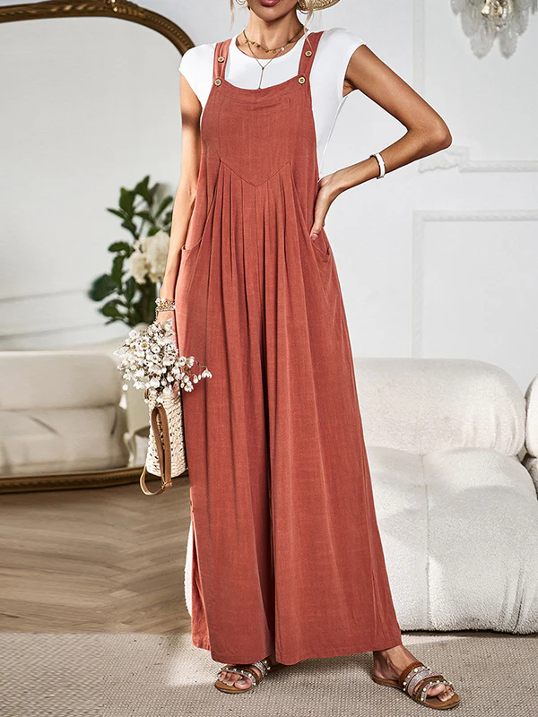 Loose Sleeveless Pleated Pockets Split-Joint Spaghetti-Neck Overalls - Image 7