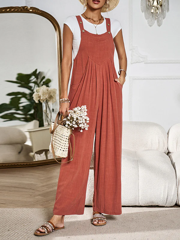 Loose Sleeveless Pleated Pockets Split-Joint Spaghetti-Neck Overalls - Image 9