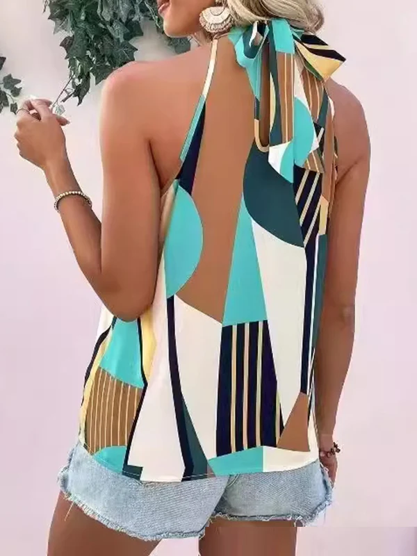 Loose Sleeveless Pleated Printed Halter-Neck Vest Top - Image 3