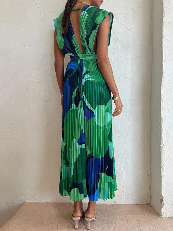 Loose Sleeveless Pleated Printed Split-Joint Deep V-Neck Maxi Dresses - Image 2